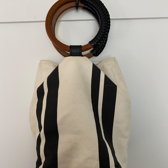 Celine Dion cream and black striped canvas purse with wooden handles - Picture 2 of 7